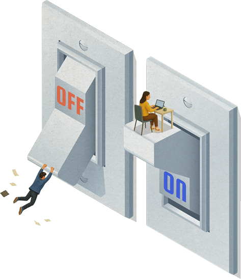 on-off-switch two toggle switches one in the off position with a cartoon character hanging from it and one in the on position with a cartoon character at a desk