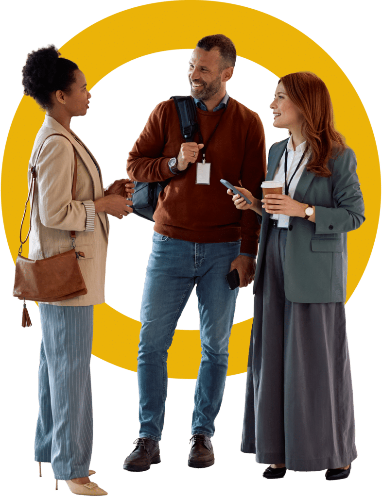 People talking with a yellow target in the background