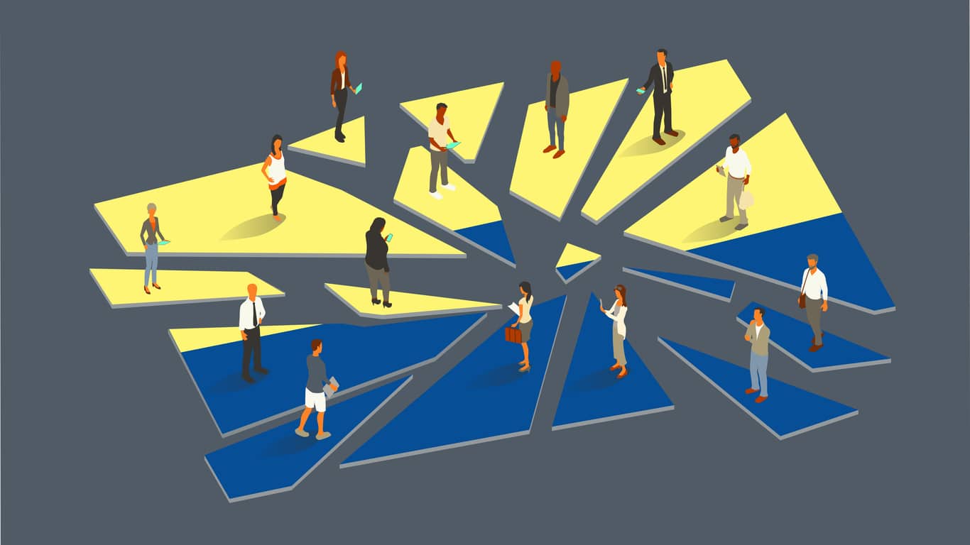HRinsidr | Workplace Response Plan Cartoon of people standing on a shattered piece of tile that's half yellow and half blue