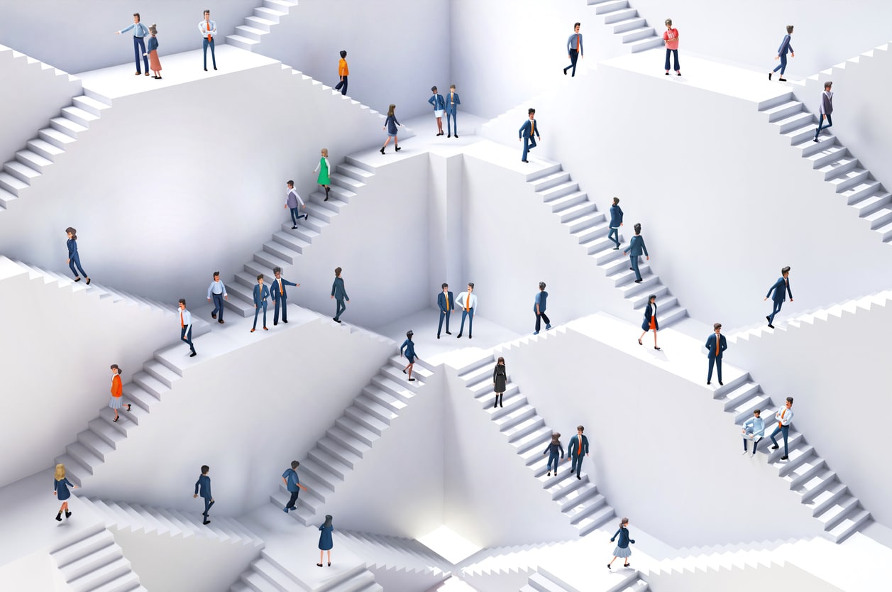 HRinsidr | Lots of business and professional people walking up and down in an abstract environment with many stair, representing professional challenges, career, growth and Busi business life. 3d rendering