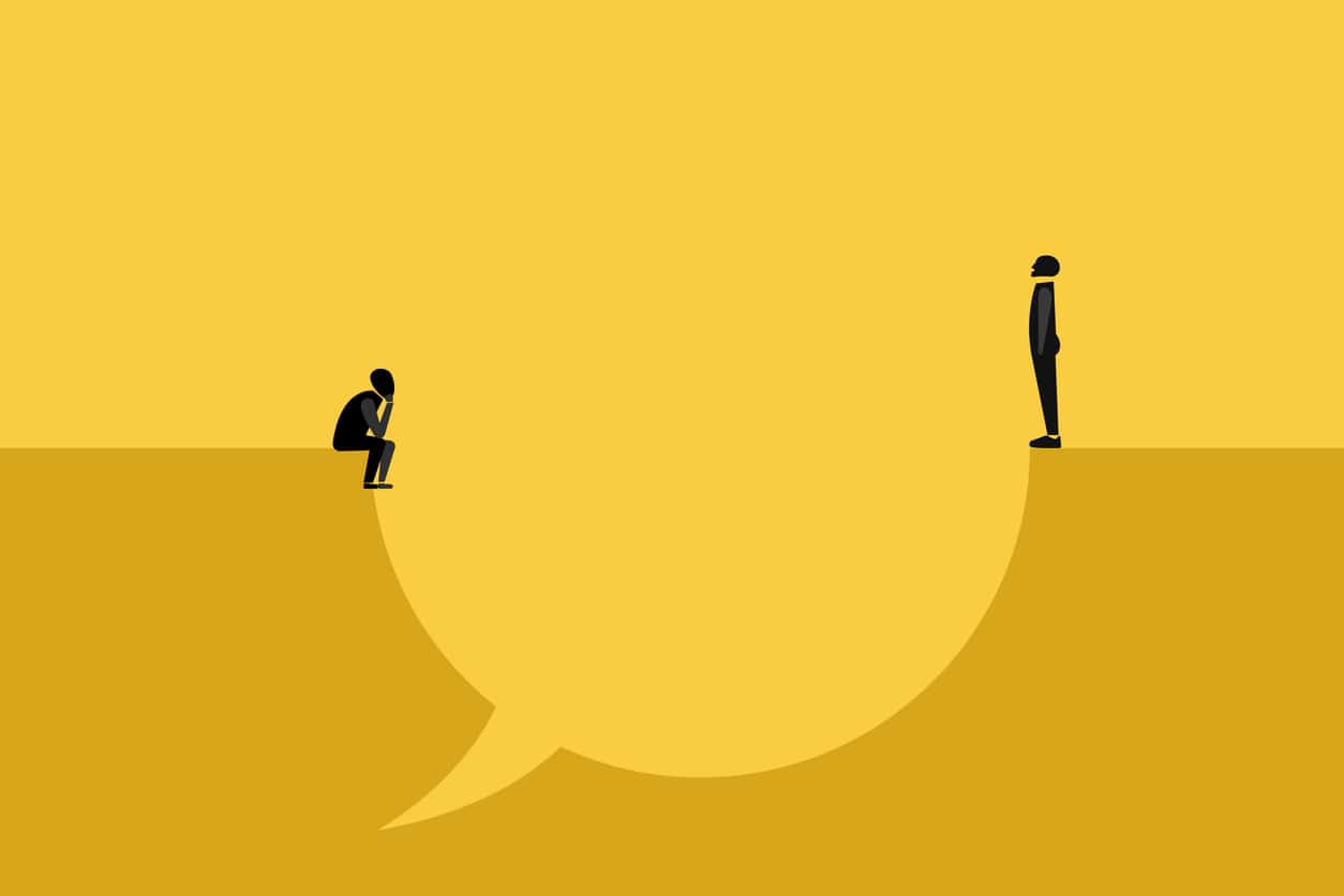 A man and woman on opposite edges of a large chat bubble