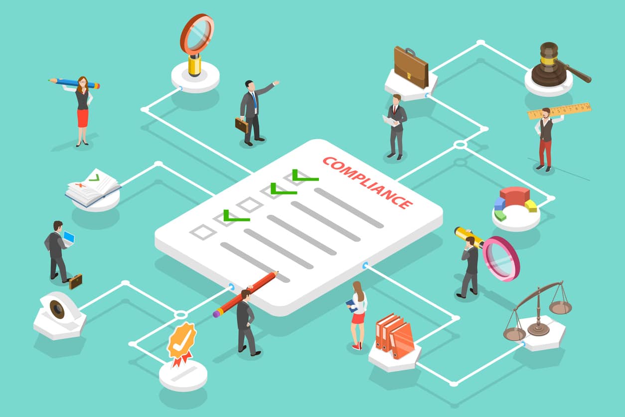 3D Isometric Flat Vector Conceptual Illustration of Regulatory Compliance.