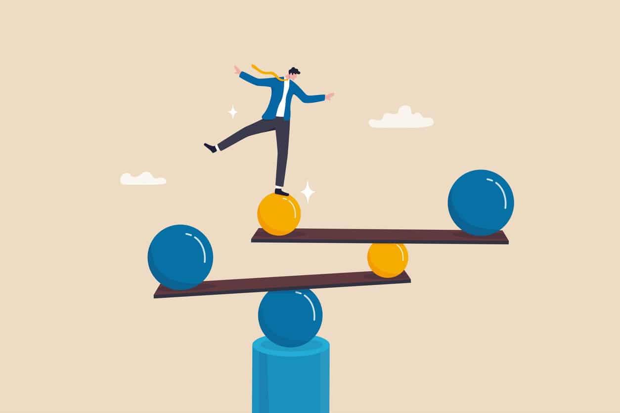Work life balance, equilibrium or equality, concentration or stability, challenge or risk management concept, confidence businessman balance himself on stable weigh metaphor of life balance.