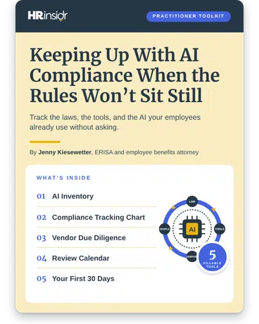 Cover of the HRinsidr practitioner toolkit Keeping Up With AI Compliance When the Rules Won’t Sit Still, by Jenny Kiesewetter, with five fillable tools